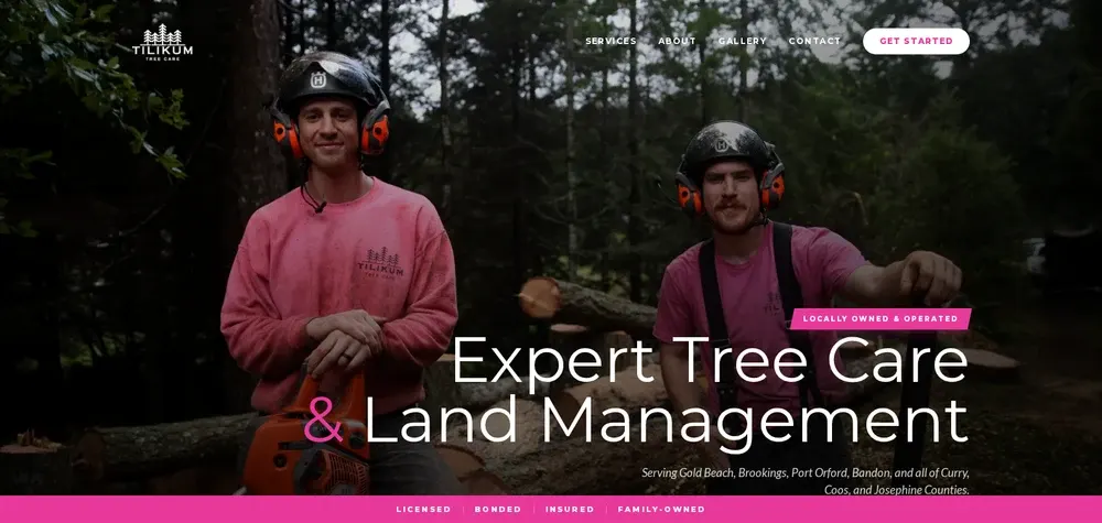Redesigned Tilikum Tree Care homepage with a tree worker, service-area copy, licensing details, and estimate buttons